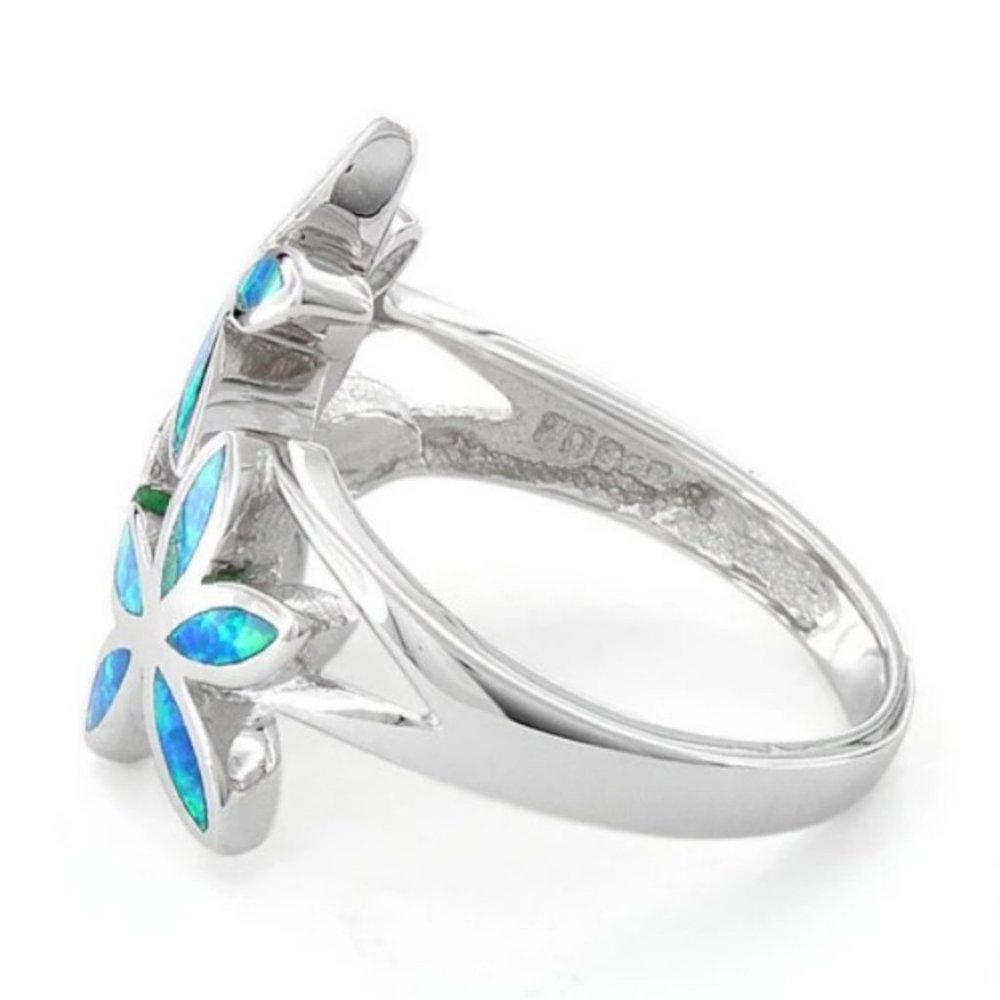925 STERLING SILVER Lab Created Blue Fire Opal Hawaiian Plumeria Ring - Picture 14 of 16